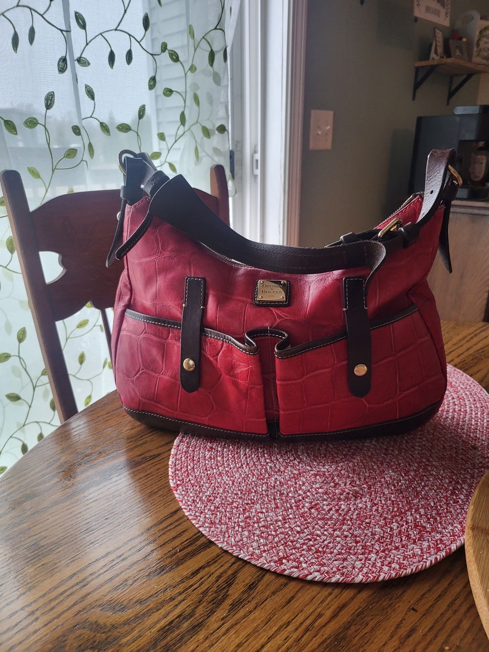 Dooney & Bourke Red Crocodile-Embossed Leather Hobo with Brown Trim